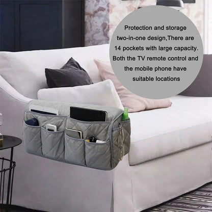 2 Pcs Blue Quilted Sofa Armrest Organizer Caddy - Multi-Pocket Remote Control Holder Bag - Mekamart Australia