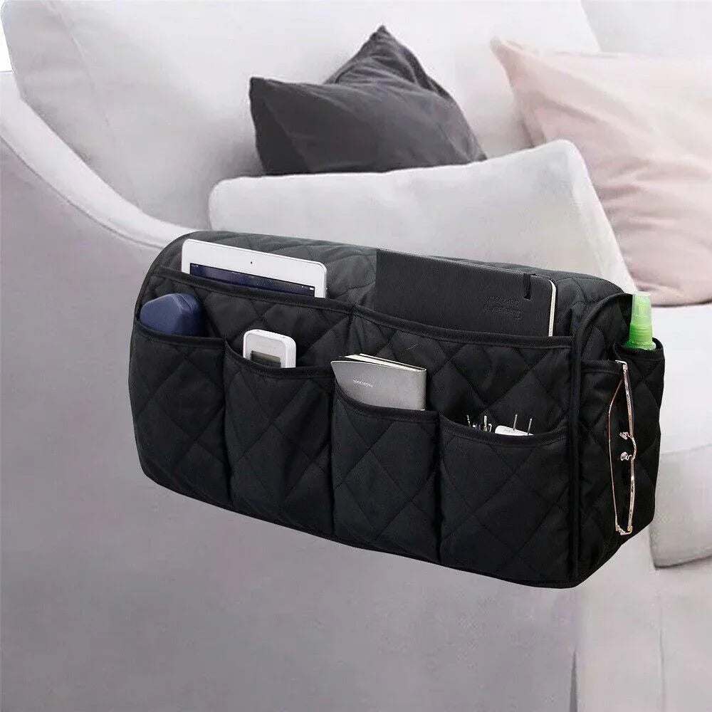 2 Pcs Blue Quilted Sofa Armrest Organizer Caddy - Multi-Pocket Remote Control Holder Bag - Mekamart Australia