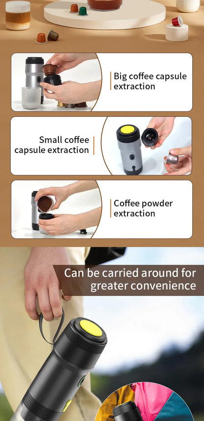 Black 3-in-1 Portable Electric Espresso Maker - Rechargeable Travel Coffee Machine for Capsules & Ground Coffee - Mekamart Australia