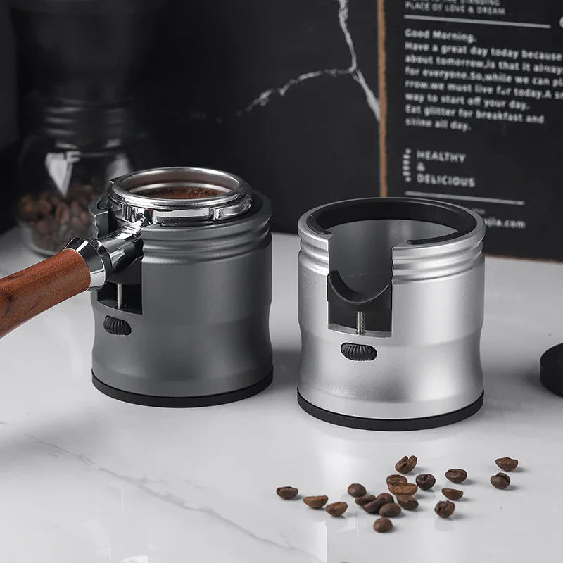 Dark Grey Round Professional Aluminum Espresso Tamping Station - Adjustable Portafilter Holder Stand - Mekamart Australia