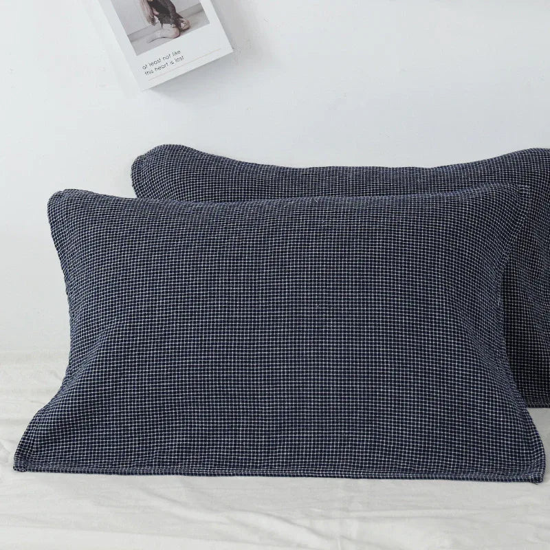 Dark Blue Breathable 4-Layer Cotton Gauze Pillow Towel Pair - Japanese Style Grid (52x75cm) - Mekamart Australia