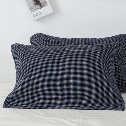 Dark Blue Breathable 4-Layer Cotton Gauze Pillow Towel Pair - Japanese Style Grid (52x75cm) - Mekamart Australia