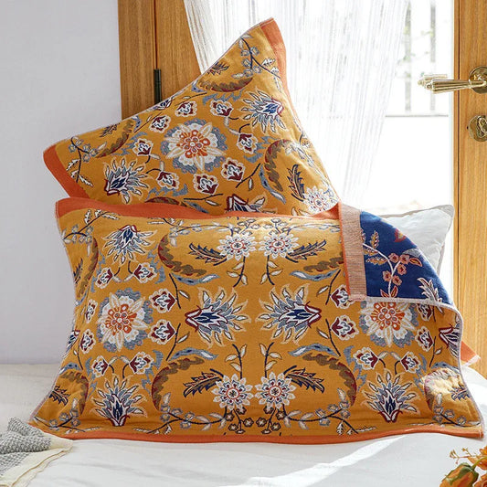Single Yellow Floral Pillow Towel Premium Cotton Gauze Pillow Towel Pair - Simple Nordic Style (52x75cm) - Mekamart Australia