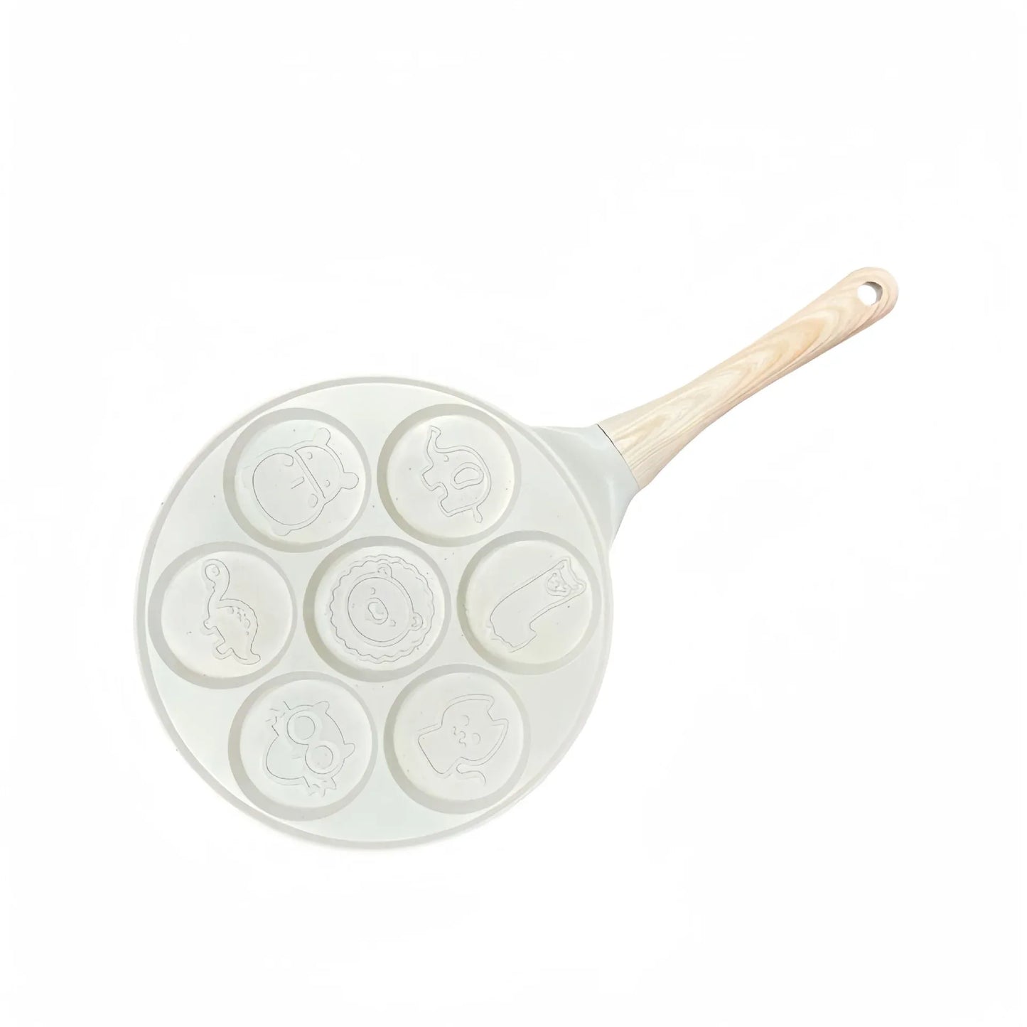Beige Cartoon + Wood Grain Handle (Gas Model) Non-Stick Pancake Pan - 7-Hole Fun Shapes Breakfast Griddle (27cm) - Mekamart Australia