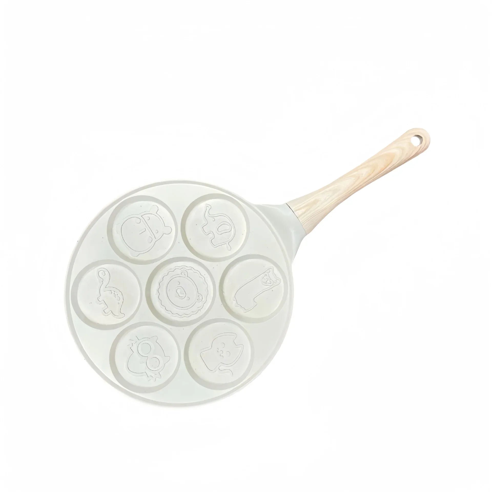 Beige Cartoon + Wood Grain Handle (Gas Model) Non-Stick Pancake Pan - 7-Hole Fun Shapes Breakfast Griddle (27cm) - Mekamart Australia