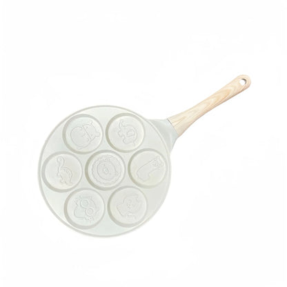 Beige Cartoon + Wood Grain Handle (Gas Model) Non-Stick Pancake Pan - 7-Hole Fun Shapes Breakfast Griddle (27cm) - Mekamart Australia