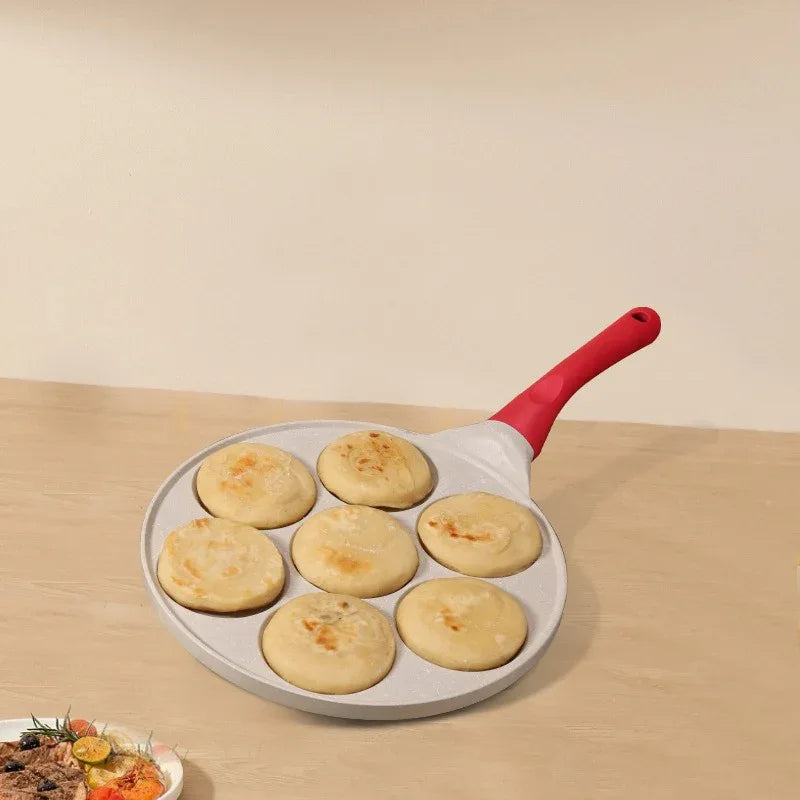 Beige Cartoon + Wood Grain Handle (Gas Model) Non-Stick Pancake Pan - 7-Hole Fun Shapes Breakfast Griddle (27cm) - Mekamart Australia
