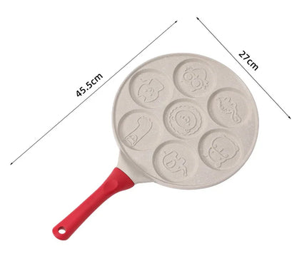 Beige Cartoon + Wood Grain Handle (Gas Model) Non-Stick Pancake Pan - 7-Hole Fun Shapes Breakfast Griddle (27cm) - Mekamart Australia