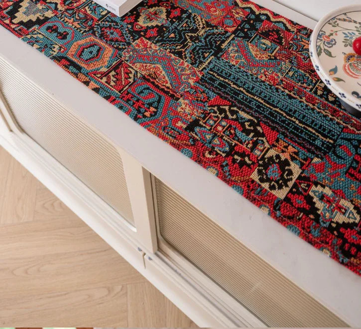 Jacquard Black With Plum Blossom 33-180cm Elegant Geometric Jacquard Table Runner with Tassels - Modern Dining & Coffee Table Decor - Mekamart Australia