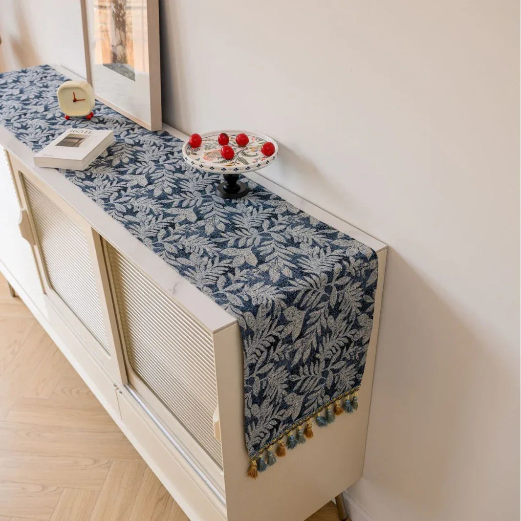 Jacquard Blue Water Plant 33-180cm Elegant Geometric Jacquard Table Runner with Tassels - Modern Dining & Coffee Table Decor - Mekamart Australia