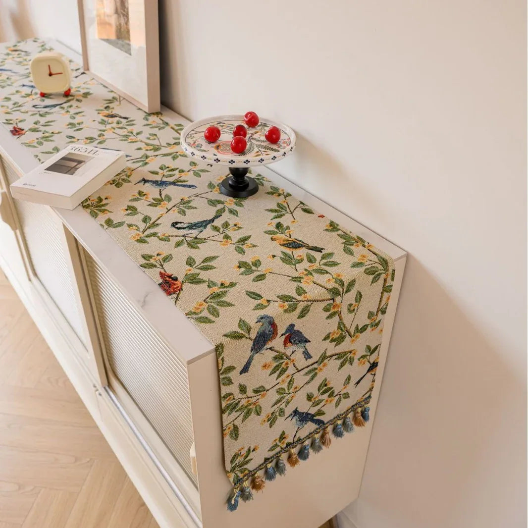 Two Orioles in Jacquard Rice 33-180cm Elegant Geometric Jacquard Table Runner with Tassels - Modern Dining & Coffee Table Decor - Mekamart Australia