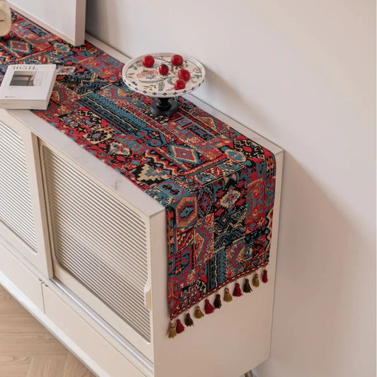 Vintage Jacquard 33-180cm Elegant Geometric Jacquard Table Runner with Tassels - Modern Dining & Coffee Table Decor - Mekamart Australia