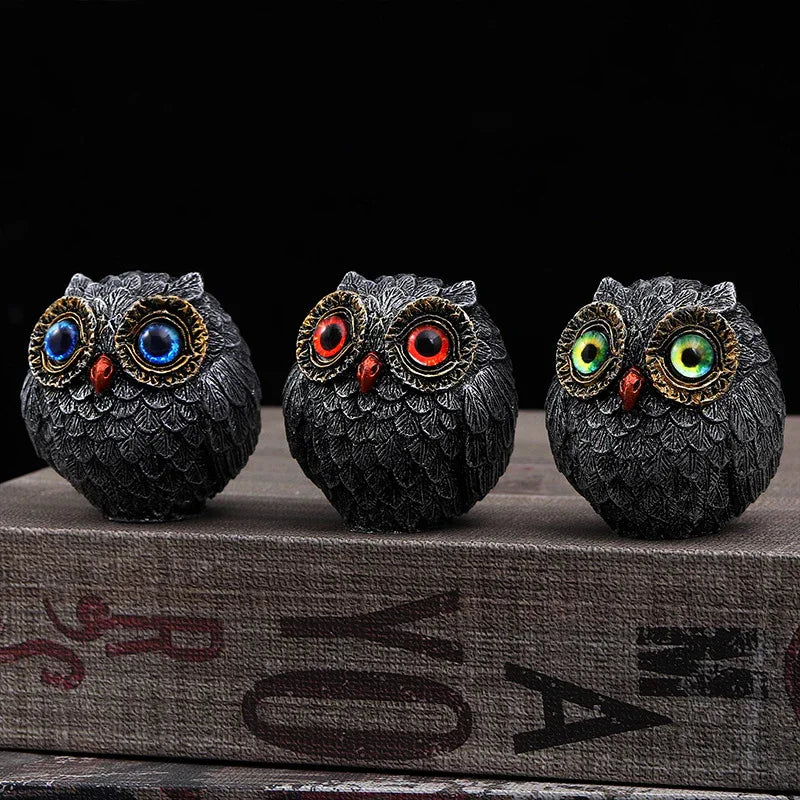Set of Three Groups of Three Colors Small Decorative Resin Owl Figurine - Textured Statue with Blue Eyes(Blue, Green, Red) - Mekamart Australia