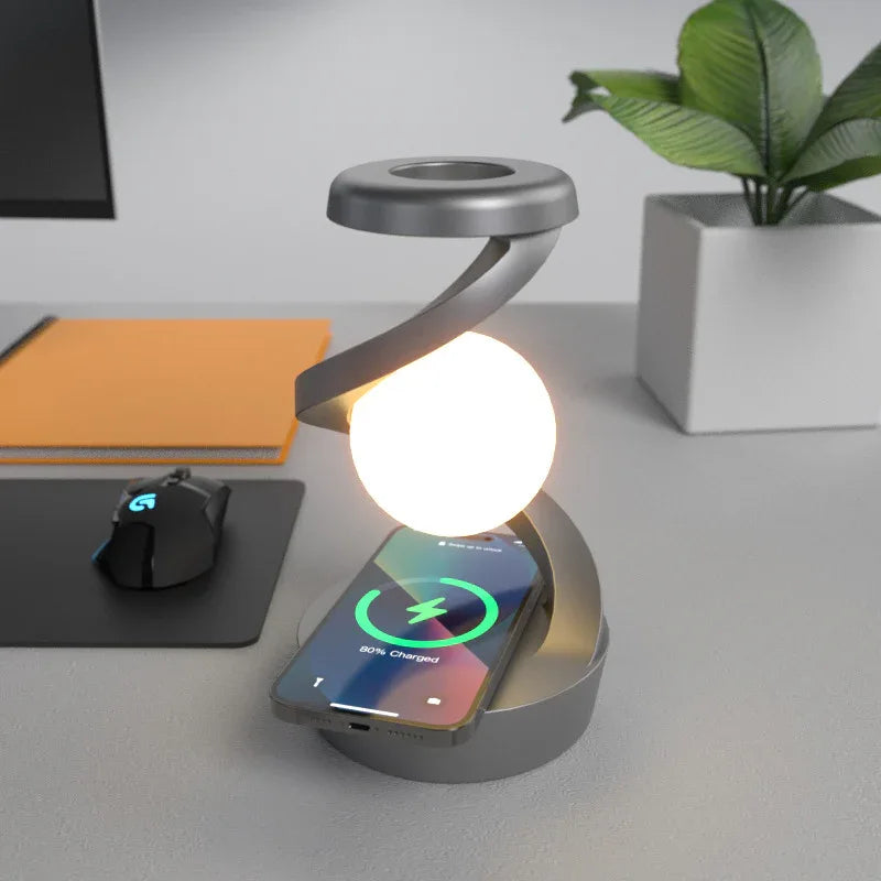 Grey-Black Modern Levitating LED Desk Lamp with Wireless Phone Charger - Spiral Design Atmosphere Light - Mekamart Australia