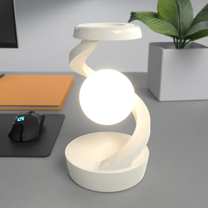 White Modern Levitating LED Desk Lamp with Wireless Phone Charger - Spiral Design Atmosphere Light - Mekamart Australia