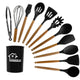 Black 11-Piece Silicone Kitchen Utensil Set with Wooden Handles and Storage Bucket - Heat Resistant and Non-Stick - Mekamart Australia
