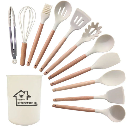 White 11-Piece Silicone Kitchen Utensil Set with Wooden Handles and Storage Bucket - Heat Resistant and Non-Stick - Mekamart Australia