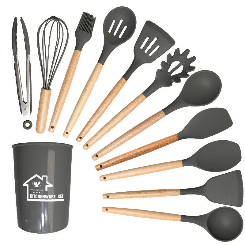 Dark Grey 11-Piece Silicone Kitchen Utensil Set with Wooden Handles and Storage Bucket - Heat Resistant and Non-Stick - Mekamart Australia