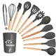 Dark Grey 11-Piece Silicone Kitchen Utensil Set with Wooden Handles and Storage Bucket - Heat Resistant and Non-Stick - Mekamart Australia