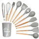 Light Grey 11-Piece Silicone Kitchen Utensil Set with Wooden Handles and Storage Bucket - Heat Resistant and Non-Stick - Mekamart Australia