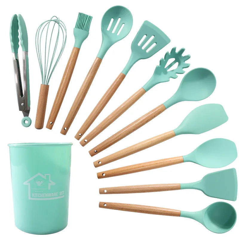 Dark Green 11-Piece Silicone Kitchen Utensil Set with Wooden Handles and Storage Bucket - Heat Resistant and Non-Stick - Mekamart Australia