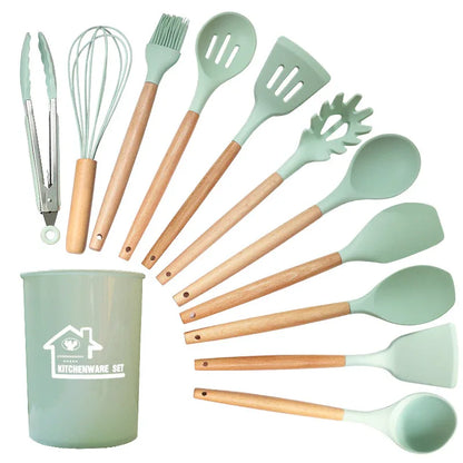 Light Green 11-Piece Silicone Kitchen Utensil Set with Wooden Handles and Storage Bucket - Heat Resistant and Non-Stick - Mekamart Australia