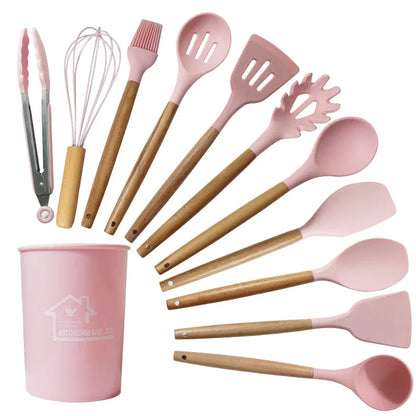 Pink 11-Piece Silicone Kitchen Utensil Set with Wooden Handles and Storage Bucket - Heat Resistant and Non-Stick - Mekamart Australia