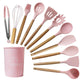 Pink 11-Piece Silicone Kitchen Utensil Set with Wooden Handles and Storage Bucket - Heat Resistant and Non-Stick - Mekamart Australia