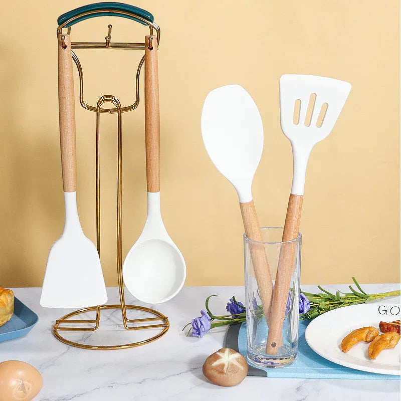 Pink 11-Piece Silicone Kitchen Utensil Set with Wooden Handles and Storage Bucket - Heat Resistant and Non-Stick - Mekamart Australia