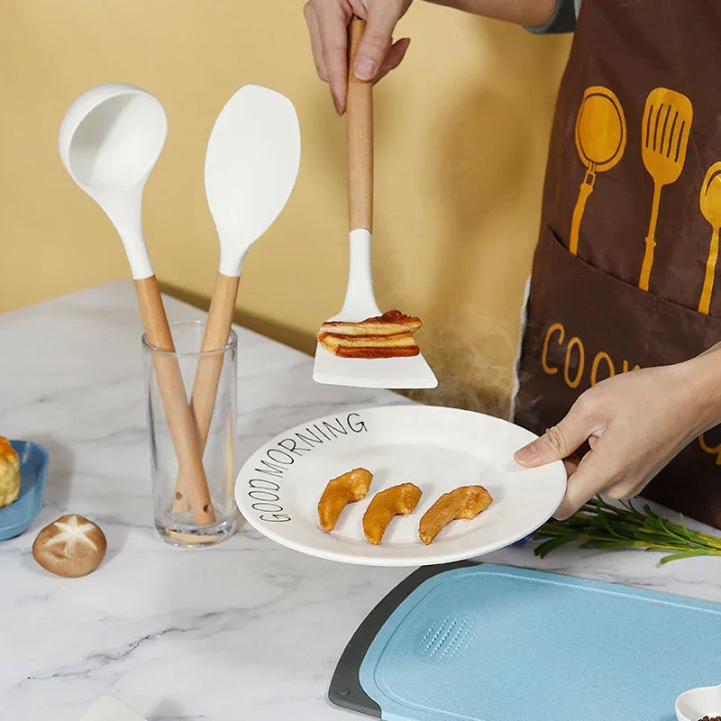 Pink 11-Piece Silicone Kitchen Utensil Set with Wooden Handles and Storage Bucket - Heat Resistant and Non-Stick - Mekamart Australia