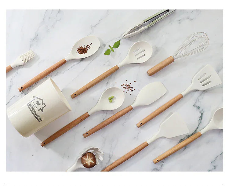 Pink 11-Piece Silicone Kitchen Utensil Set with Wooden Handles and Storage Bucket - Heat Resistant and Non-Stick - Mekamart Australia