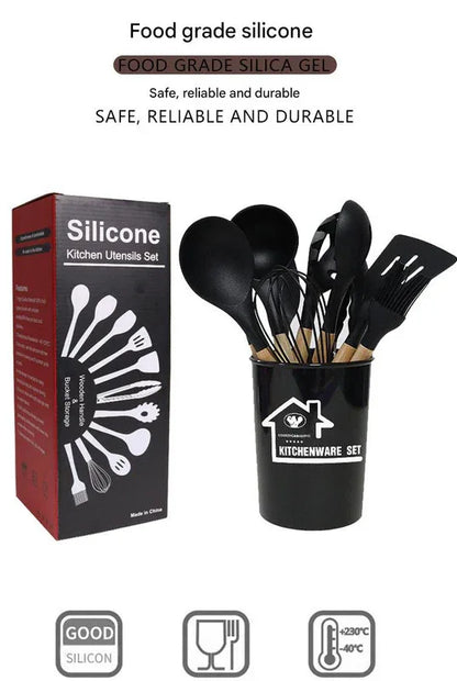 Pink 11-Piece Silicone Kitchen Utensil Set with Wooden Handles and Storage Bucket - Heat Resistant and Non-Stick - Mekamart Australia