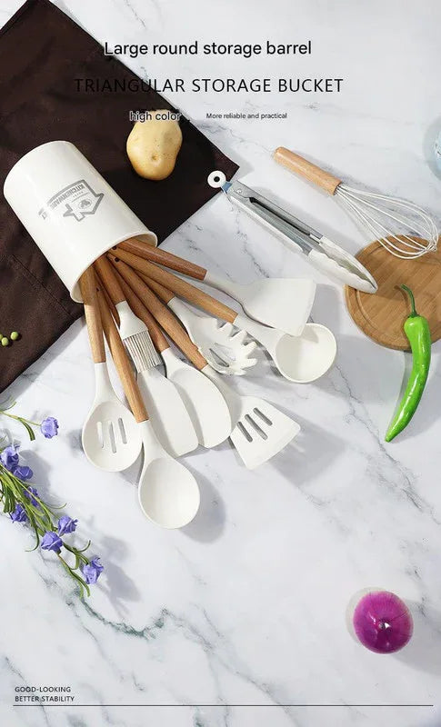 Pink 11-Piece Silicone Kitchen Utensil Set with Wooden Handles and Storage Bucket - Heat Resistant and Non-Stick - Mekamart Australia