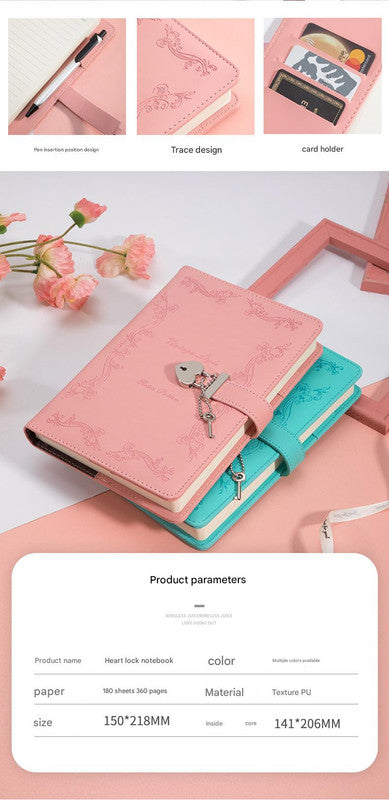 Heart Lock Diary with Key - Vintage Style Journal, Red PU Leather, Secure and Elegant