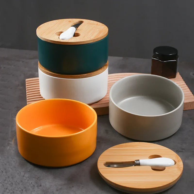 White Nordic Ceramic Butter Dish with Knife - Airtight Cheese Container with Bamboo Lid, Kitchen Storage - Mekamart Australia