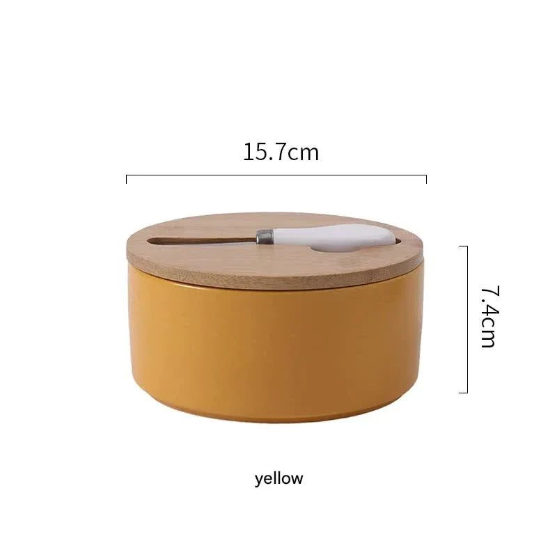 Yellow Nordic Ceramic Butter Dish with Knife - Airtight Cheese Container with Bamboo Lid, Kitchen Storage - Mekamart Australia