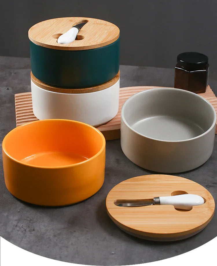 Yellow Nordic Ceramic Butter Dish with Knife - Airtight Cheese Container with Bamboo Lid, Kitchen Storage - Mekamart Australia