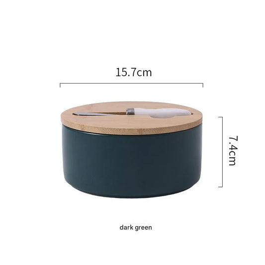 Green Nordic Ceramic Butter Dish with Knife - Airtight Cheese Container with Bamboo Lid, Kitchen Storage - Mekamart Australia