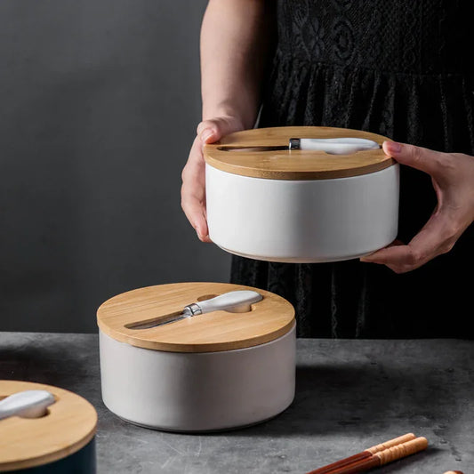 Green Nordic Ceramic Butter Dish with Knife - Airtight Cheese Container with Bamboo Lid, Kitchen Storage - Mekamart Australia