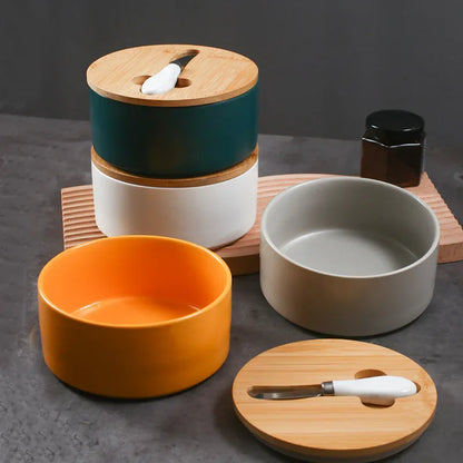 Green Nordic Ceramic Butter Dish with Knife - Airtight Cheese Container with Bamboo Lid, Kitchen Storage - Mekamart Australia