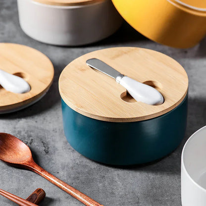 Green Nordic Ceramic Butter Dish with Knife - Airtight Cheese Container with Bamboo Lid, Kitchen Storage - Mekamart Australia