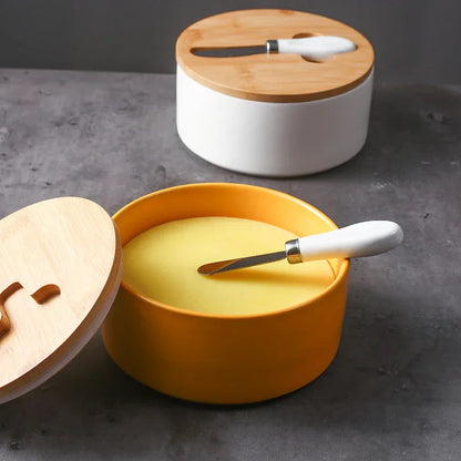 Green Nordic Ceramic Butter Dish with Knife - Airtight Cheese Container with Bamboo Lid, Kitchen Storage - Mekamart Australia