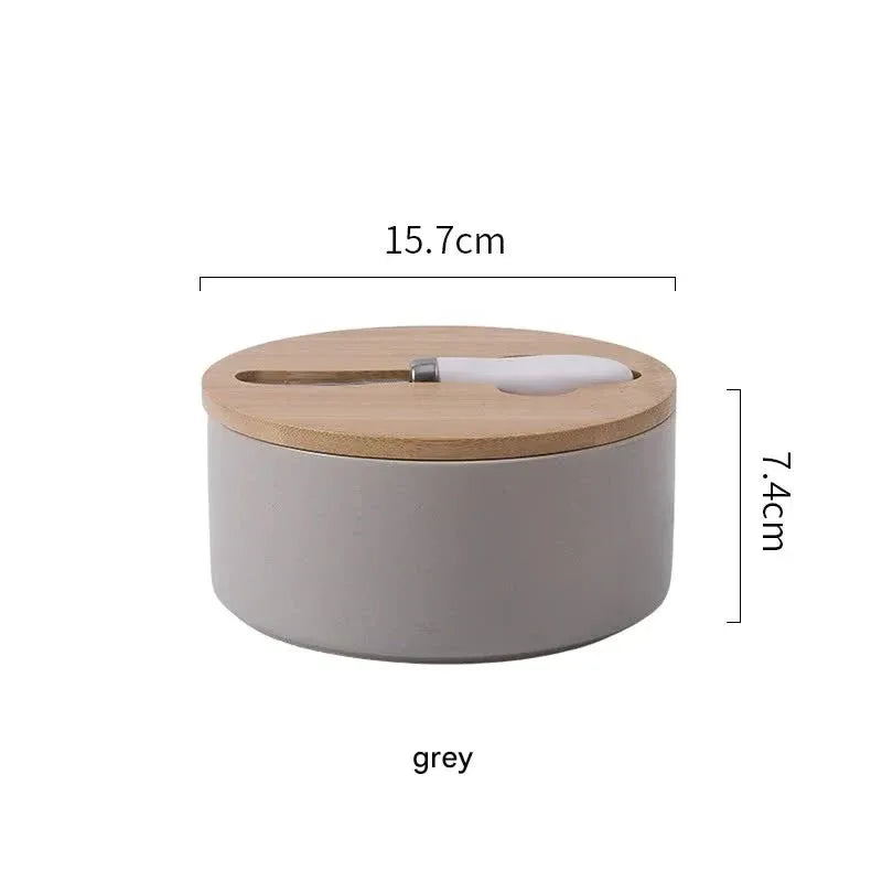 Gray Nordic Ceramic Butter Dish with Knife - Airtight Cheese Container with Bamboo Lid, Kitchen Storage - Mekamart Australia