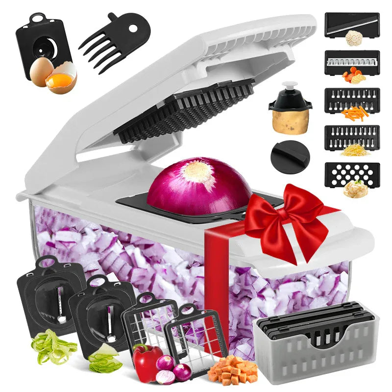 18-Piece Multi-Function Vegetable Chopper, Rotary Grater, Spiralizer and Slicer for Home Kitchen (Black and white) - Mekamart Australia