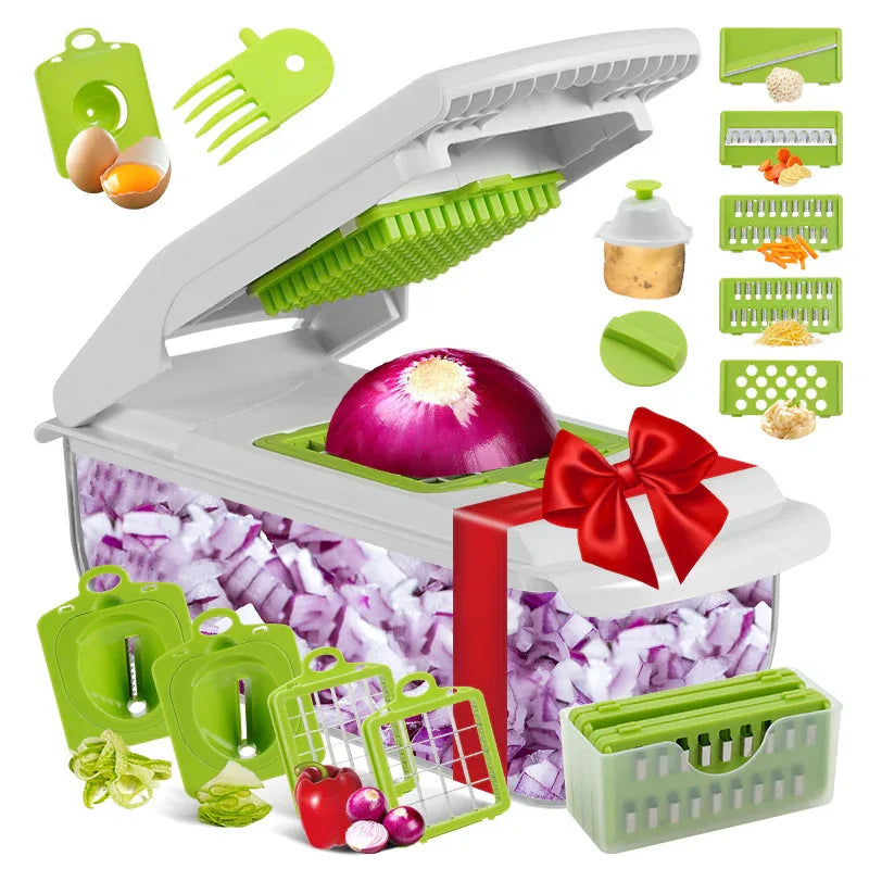 18-Piece Multi-Function Vegetable Chopper, Rotary Grater, Spiralizer and Slicer for Home Kitchen (White and green) - Mekamart Australia