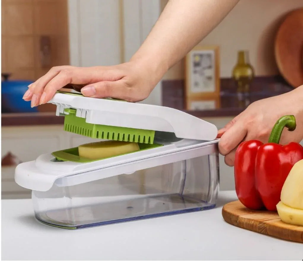 18-Piece Multi-Function Vegetable Chopper, Rotary Grater, Spiralizer and Slicer for Home Kitchen (White and green) - Mekamart Australia