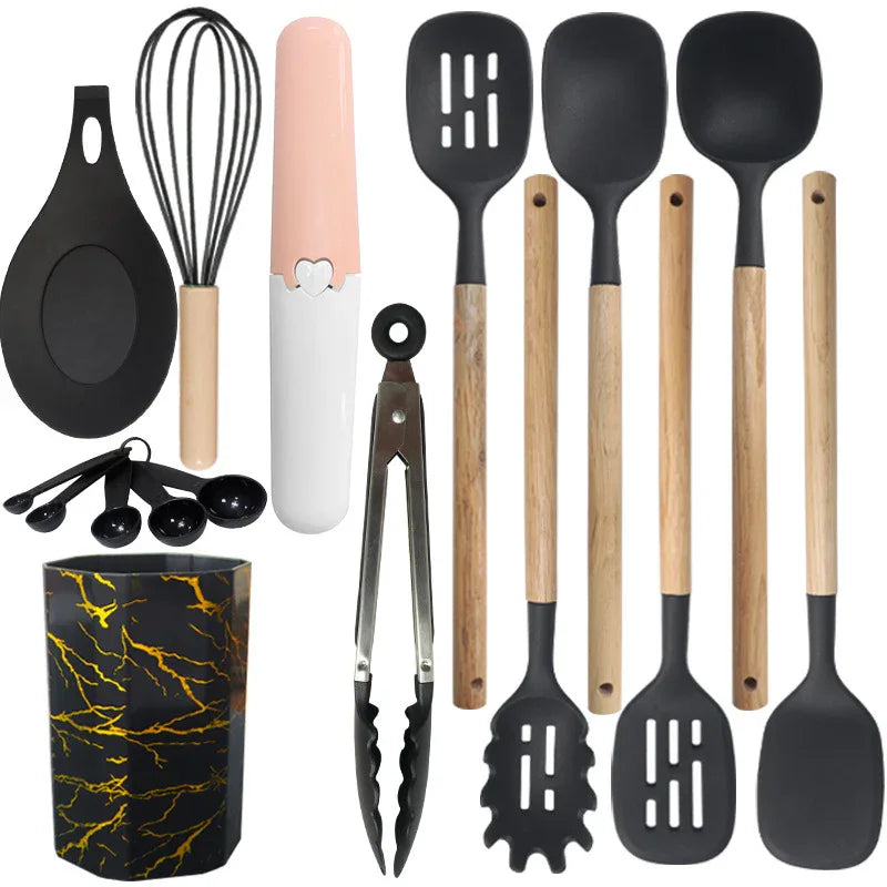 Black 12-Piece Silicone Cooking Utensil Set - Non-Stick Food-Grade Kitchen Tools with Holder - Mekamart Australia