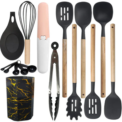 Black 12-Piece Silicone Cooking Utensil Set - Non-Stick Food-Grade Kitchen Tools with Holder - Mekamart Australia