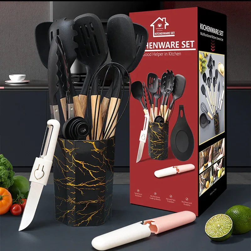 Black 12-Piece Silicone Cooking Utensil Set - Non-Stick Food-Grade Kitchen Tools with Holder - Mekamart Australia