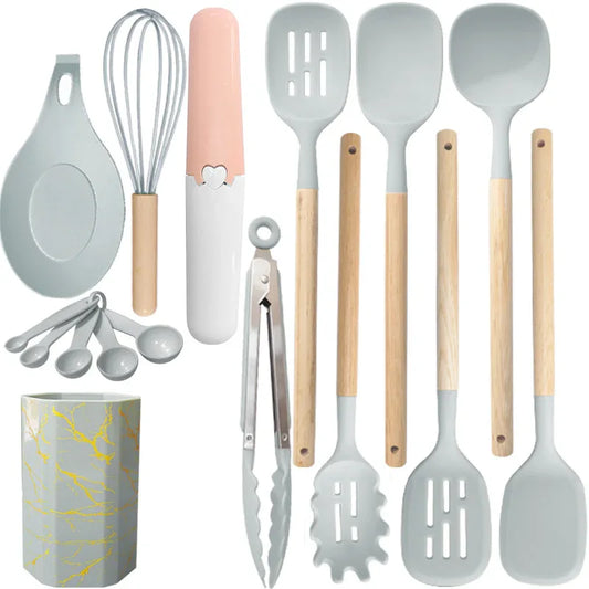 Gray 12-Piece Silicone Cooking Utensil Set - Non-Stick Food-Grade Kitchen Tools with Holder - Mekamart Australia